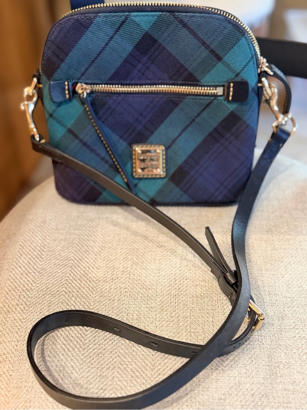 Dooney & Bourke Navy and Teal Plaid Crossbody with Gold Hardware